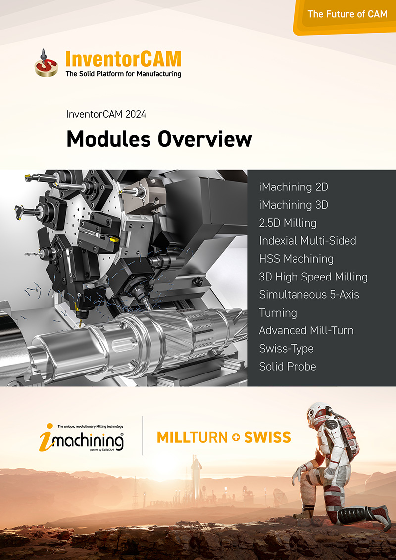 This manual provides an overview of iMachining 2D and 3D, 2.5D Milling, Indexial 4- and 5-Axis Machining, HSS Machining, 3D High Speed Milling, Simultaneous 5-Axis Machining, Turning, Mill-Turn and Swiss-Type, and Solid Probe for InventorCAM 2024, integrated in Autodesk Inventor.