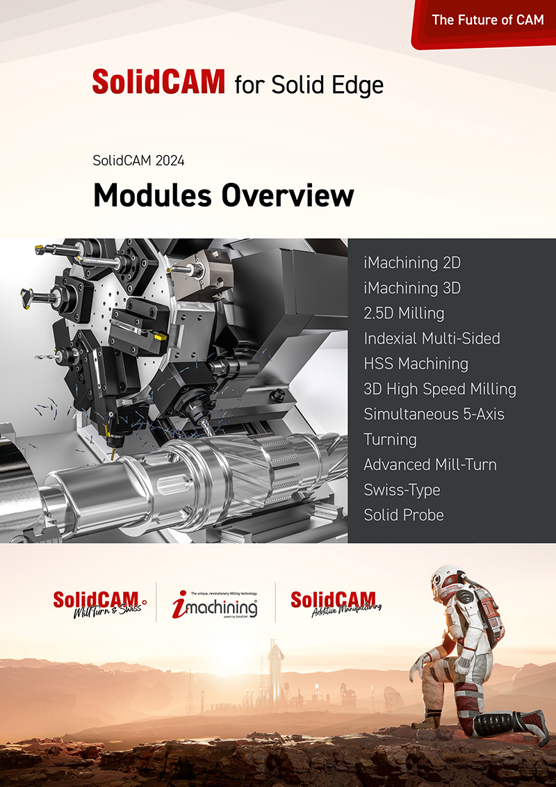 This manual provides an overview of iMachining 2D and 3D, 2.5D Milling, Indexial 4- and 5-Axis Machining, HSS Machining, 3D High Speed Milling, Simultaneous 5-Axis Machining, Turning, Mill-Turn and Swiss-Type, and Solid Probe for SolidCAM 2024, integrated in Solid Edge.