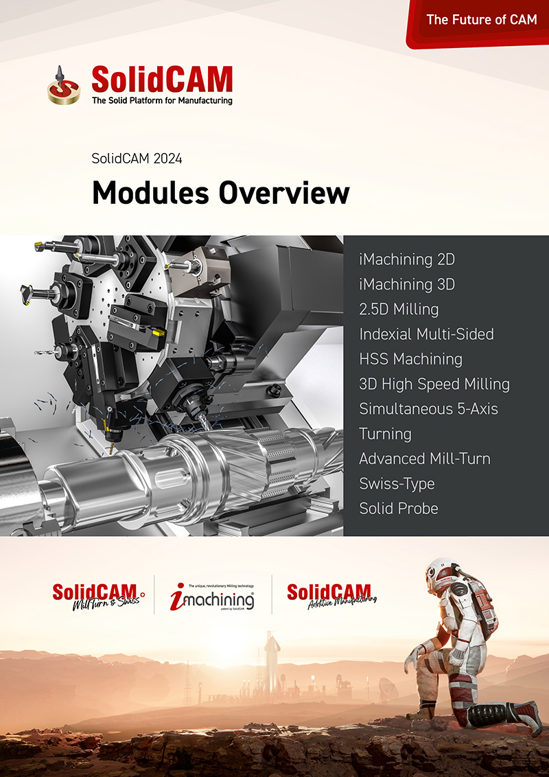 This manual provides an overview of iMachining 2D and 3D, 2.5D Milling, Indexial 4- and 5-Axis Machining, HSS Machining, 3D High Speed Milling, Simultaneous 5-Axis Machining, Turning, Mill-Turn and Swiss-Type, and Solid Probe for SolidCAM 2024, integrated in SOLIDWORKS.